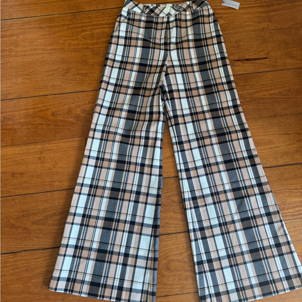 Anthropologie Plaid Boot Cut Pants in Cream, Black, Tan